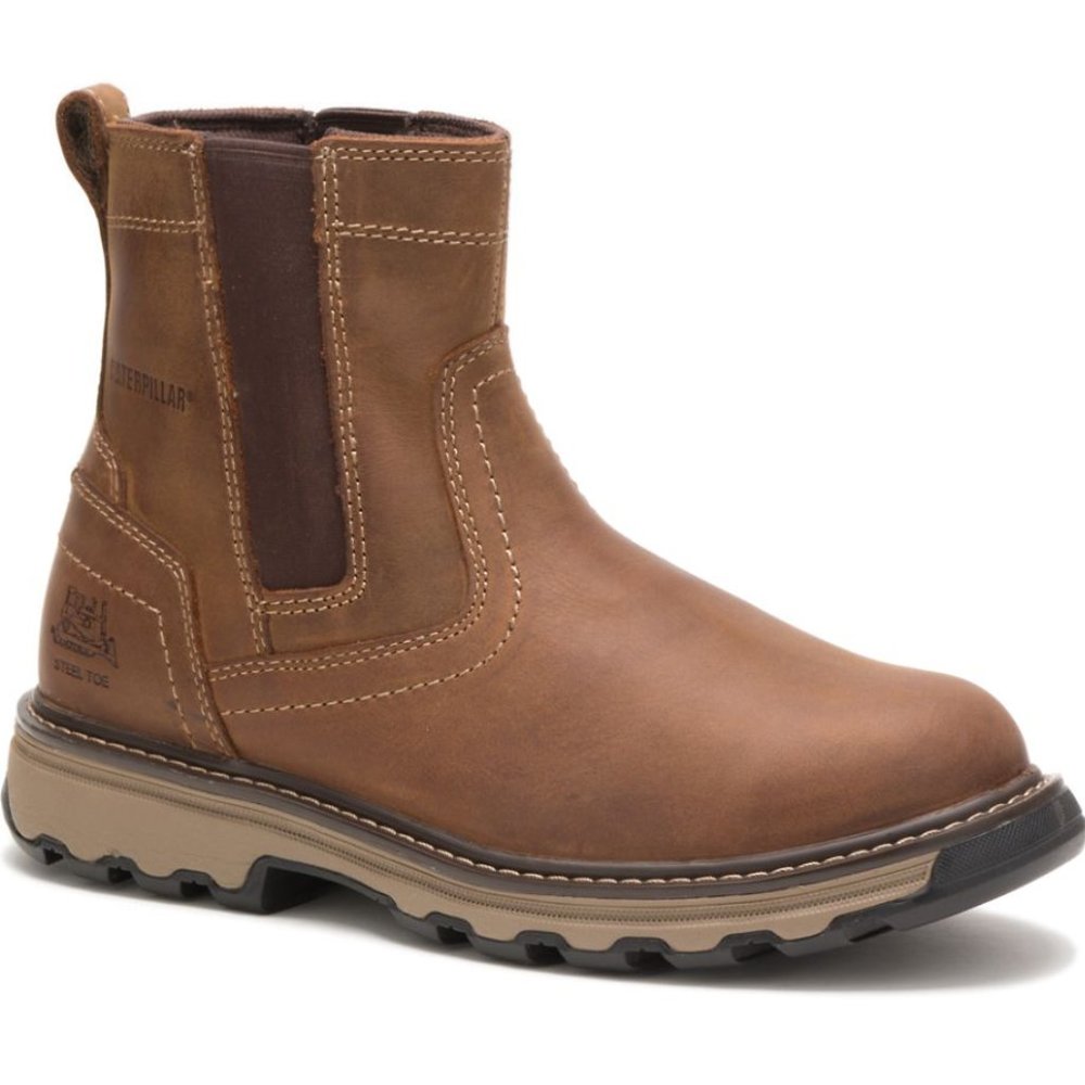 CATERPILLAR PELTON STEEL TOE CHELSEA DARK BEIGE WORK  BOOT MEN'S NEW!